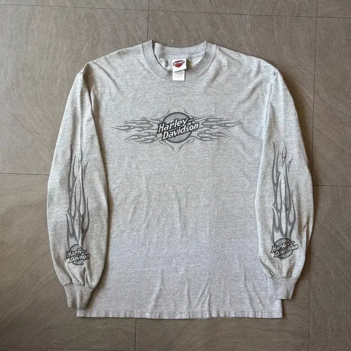 [BUNJANG] Harley-Davidson Gray Flame Long Sleeve T-Shirt / 할리데이비슨 미국 생산 그레이 플레임 긴팔 티셔츠 긴팔티