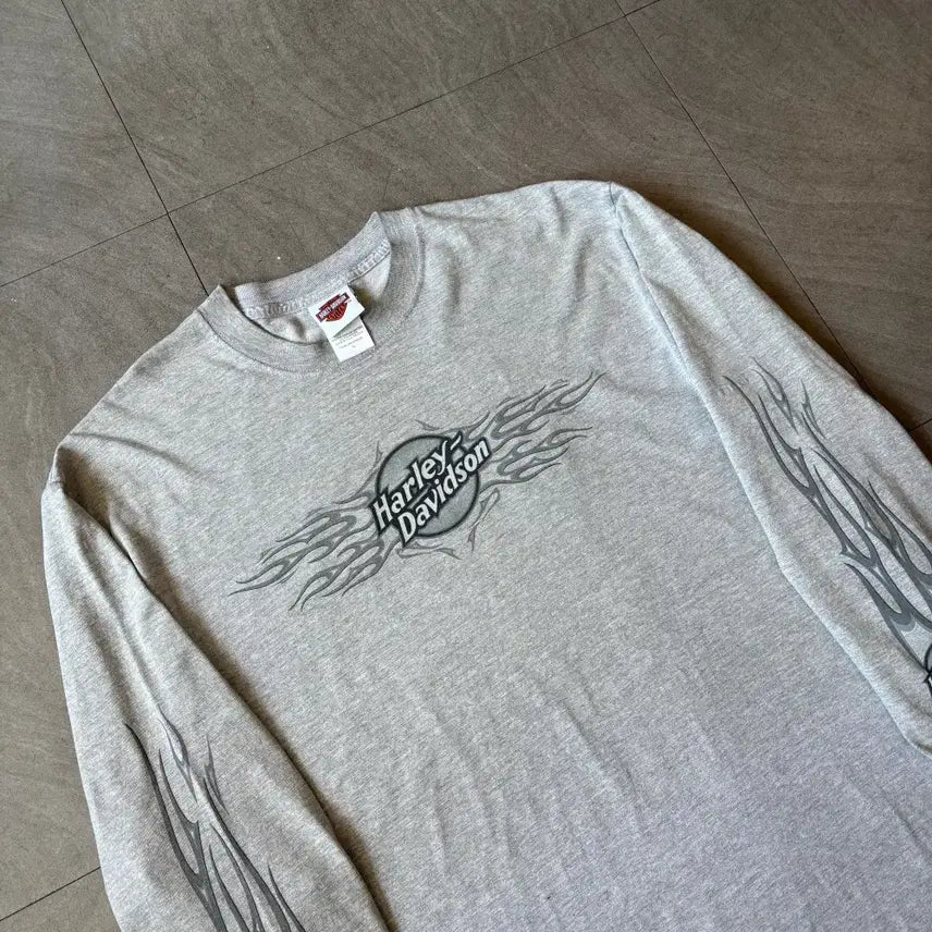 [BUNJANG] Harley-Davidson Gray Flame Long Sleeve T-Shirt / 할리데이비슨 미국 생산 그레이 플레임 긴팔 티셔츠 긴팔티