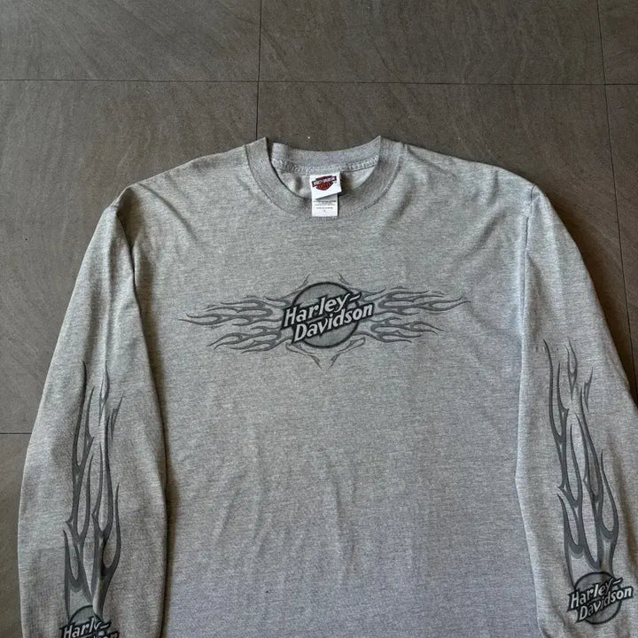 [BUNJANG] Harley-Davidson Gray Flame Long Sleeve T-Shirt / 할리데이비슨 미국 생산 그레이 플레임 긴팔 티셔츠 긴팔티