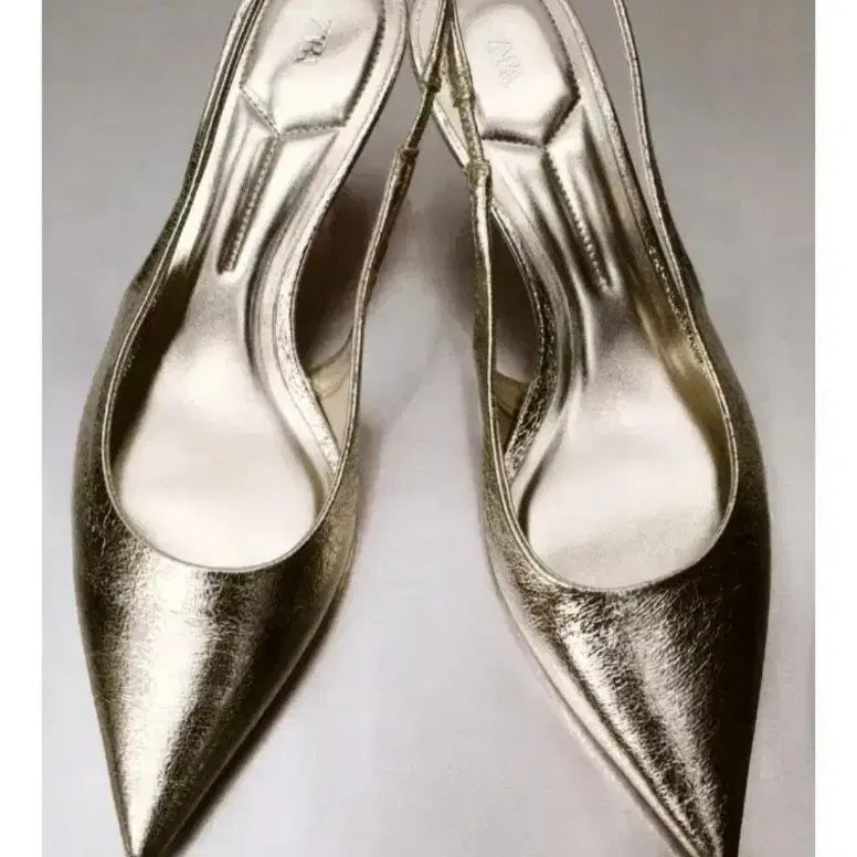 [BUNJANG] ZARA Metallic Slingback Heels - Gold / zara 자라 메탈릭 슬링백 힐 - 골드,38(245)