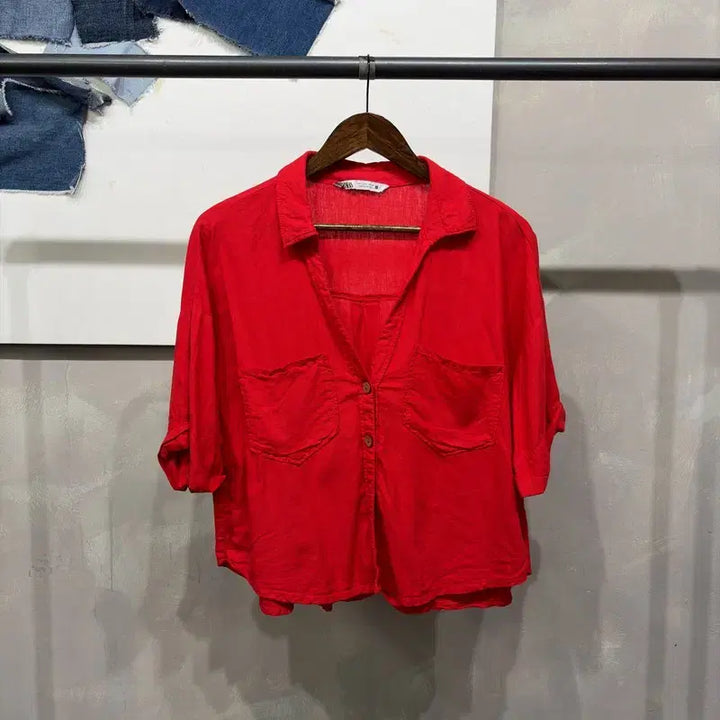 [BUNJANG] ZARA Linen Viscose V-neck Short Sleeve Shirt / (100) 자라 ZARA 여성 캐주얼 린넨 비스코스 브이넥 반팔 셔츠