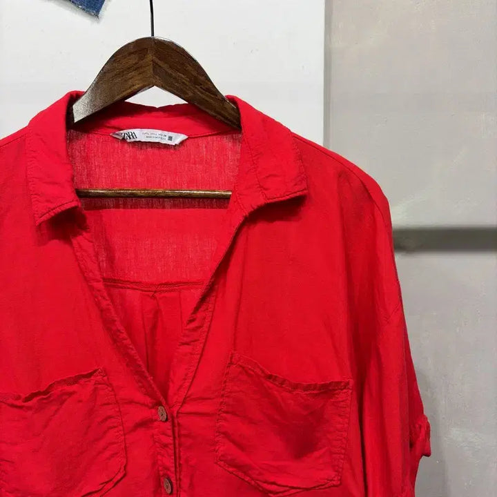 [BUNJANG] ZARA Linen Viscose V-neck Short Sleeve Shirt / (100) 자라 ZARA 여성 캐주얼 린넨 비스코스 브이넥 반팔 셔츠