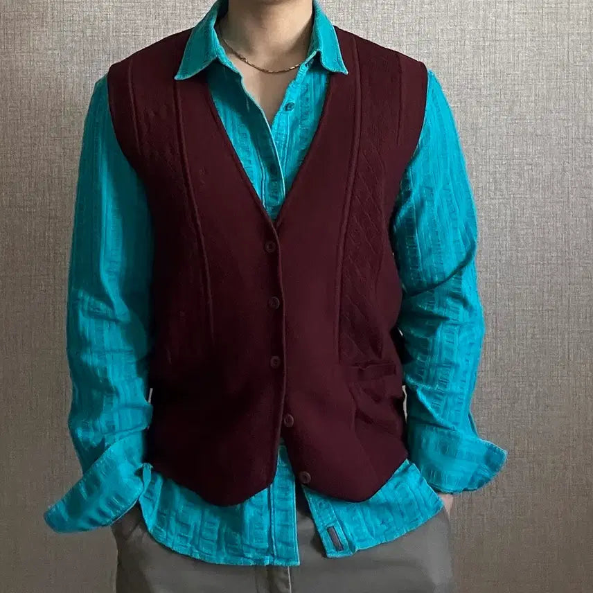 [BUNJANG] YSL Burgundy Button Knit Vest / YSL 입생로랑 버건디 버튼 니트 베스트