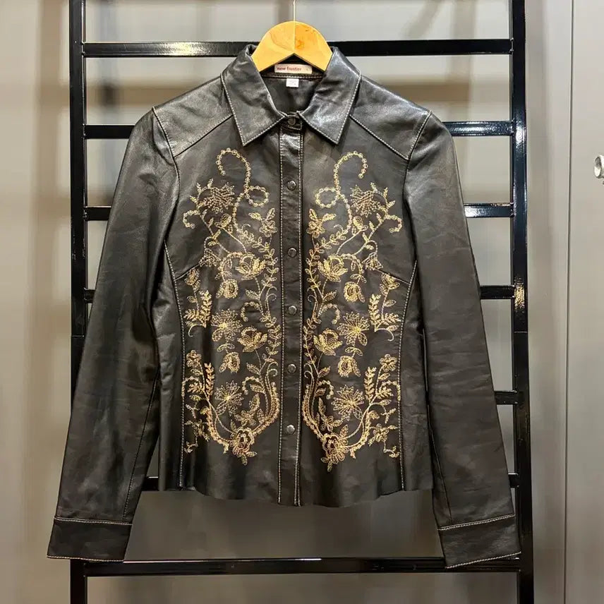 [BUNJANG] New Frontier Floral Embroidered Leather Jacket / [S] New Frontier 빈티지 천연가죽 자켓 골드 자수 6.9
