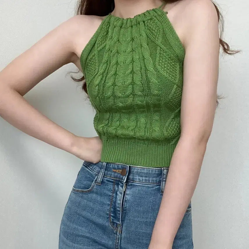 [BUNJANG] Kkwaebaegi Halterneck Knit Top - Green / 니트 꾀배기 홀터넥 탑 그린