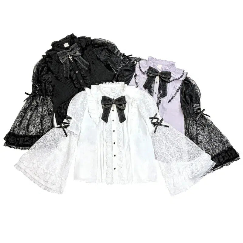 [BUNJANG] Secret Honey Lace Flare Sleeve Stand Collar Blouse / 시크릿허니 레이스 플레어 소매 스탠드 카라 블라우스