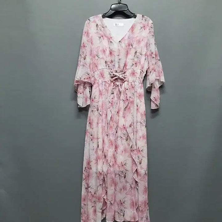 [BUNJANG] Floral Long Chiffon Dress with Corset Design / 플라워 롱 쉬폰 원피스 코르셋 디자인