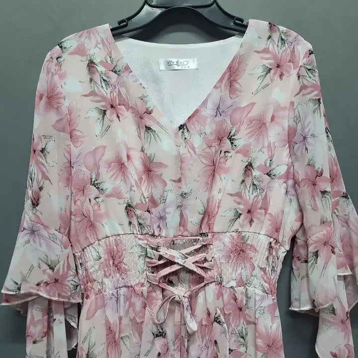 [BUNJANG] Floral Long Chiffon Dress with Corset Design / 플라워 롱 쉬폰 원피스 코르셋 디자인