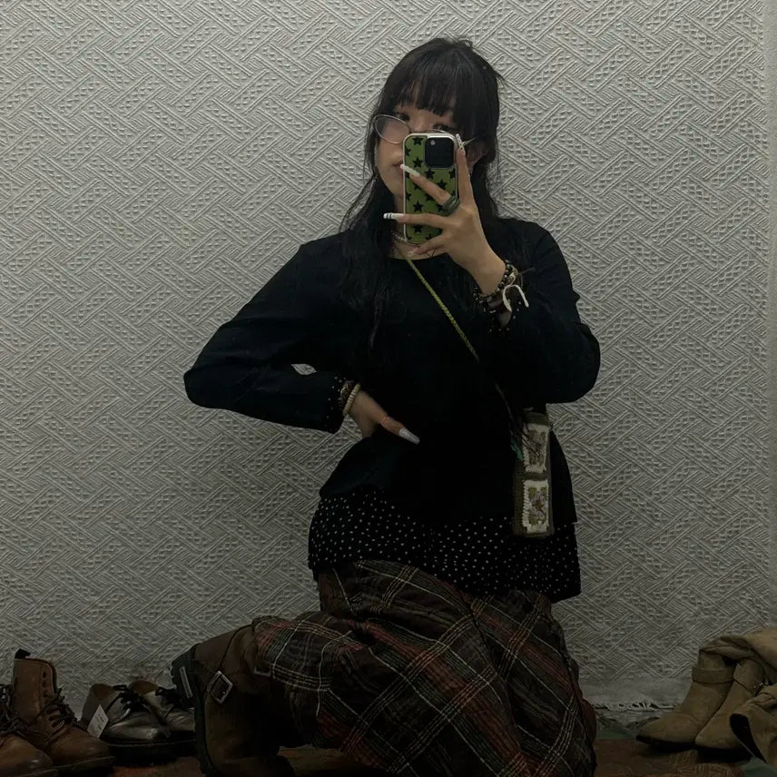 [BUNJANG] Vintage Cozy Mori Polka Dot Layered Long Sleeve Top / 빈티지 코지 모리 땡땡이 도트 레이어드 긴팔 롱슬리브 K0066