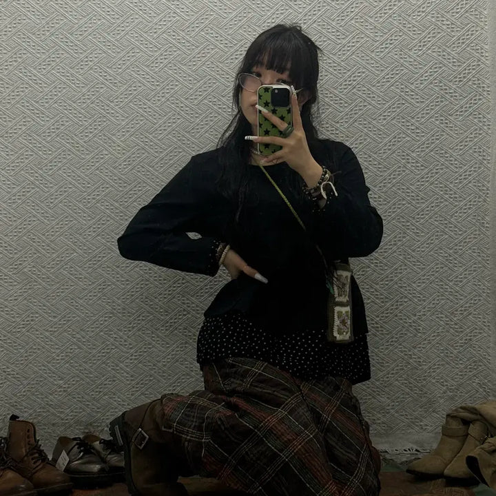 [BUNJANG] Vintage Cozy Mori Polka Dot Layered Long Sleeve Top / 빈티지 코지 모리 땡땡이 도트 레이어드 긴팔 롱슬리브 K0066