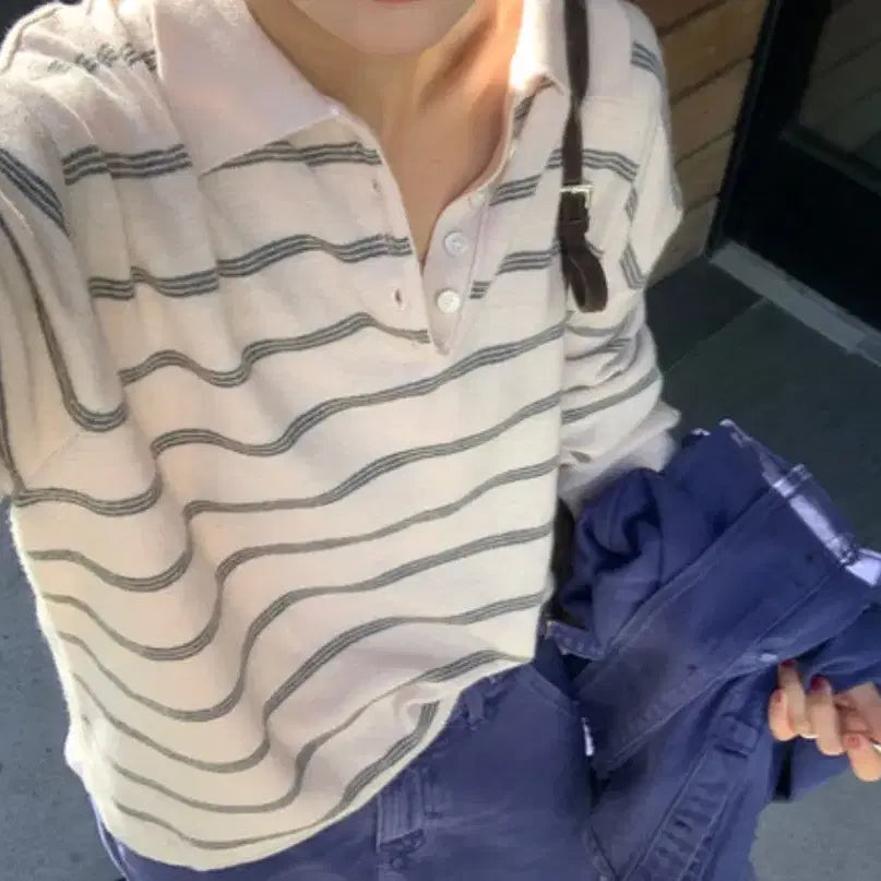 [BUNJANG] UnderB Martin Striped Collar Knit Sweater / 언더비 Martin 스트라이프 카라 니트 핑크그레이