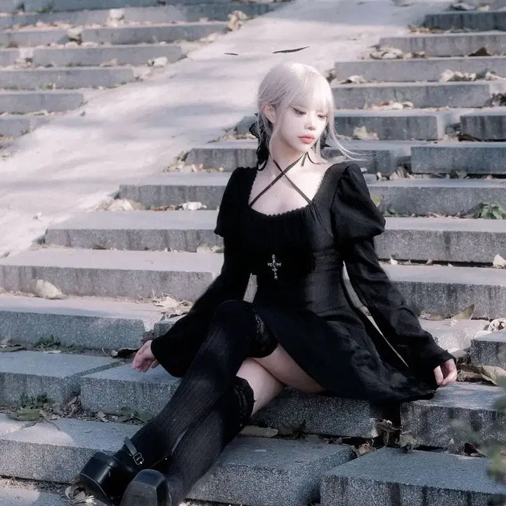 [BUNJANG] Gothic Cross Embellished Black Mini Dress / 고딕 서브컬처 십자가 장식 블랙 미니 원피스