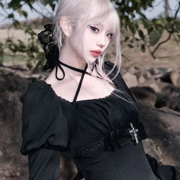 [BUNJANG] Gothic Cross Embellished Black Mini Dress / 고딕 서브컬처 십자가 장식 블랙 미니 원피스