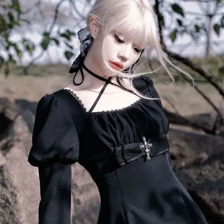 [BUNJANG] Gothic Cross Embellished Black Mini Dress / 고딕 서브컬처 십자가 장식 블랙 미니 원피스