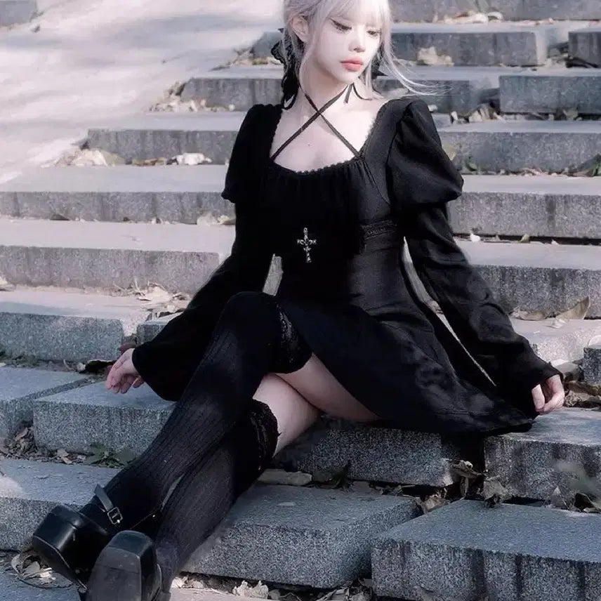 [BUNJANG] Gothic Cross Embellished Black Mini Dress / 고딕 서브컬처 십자가 장식 블랙 미니 원피스
