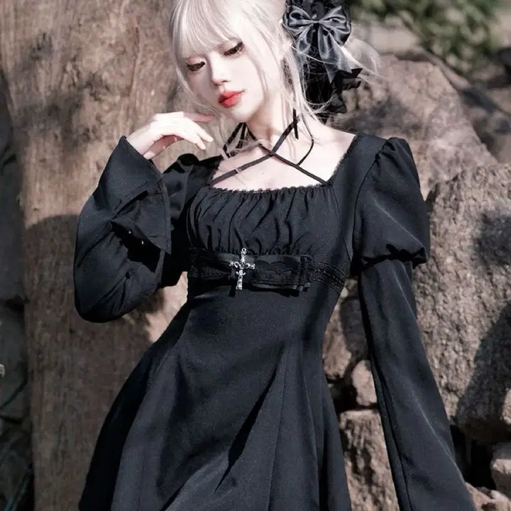 [BUNJANG] Gothic Cross Embellished Black Mini Dress / 고딕 서브컬처 십자가 장식 블랙 미니 원피스