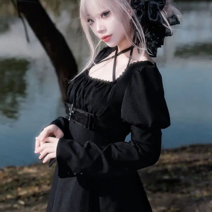 [BUNJANG] Gothic Cross Embellished Black Mini Dress / 고딕 서브컬처 십자가 장식 블랙 미니 원피스