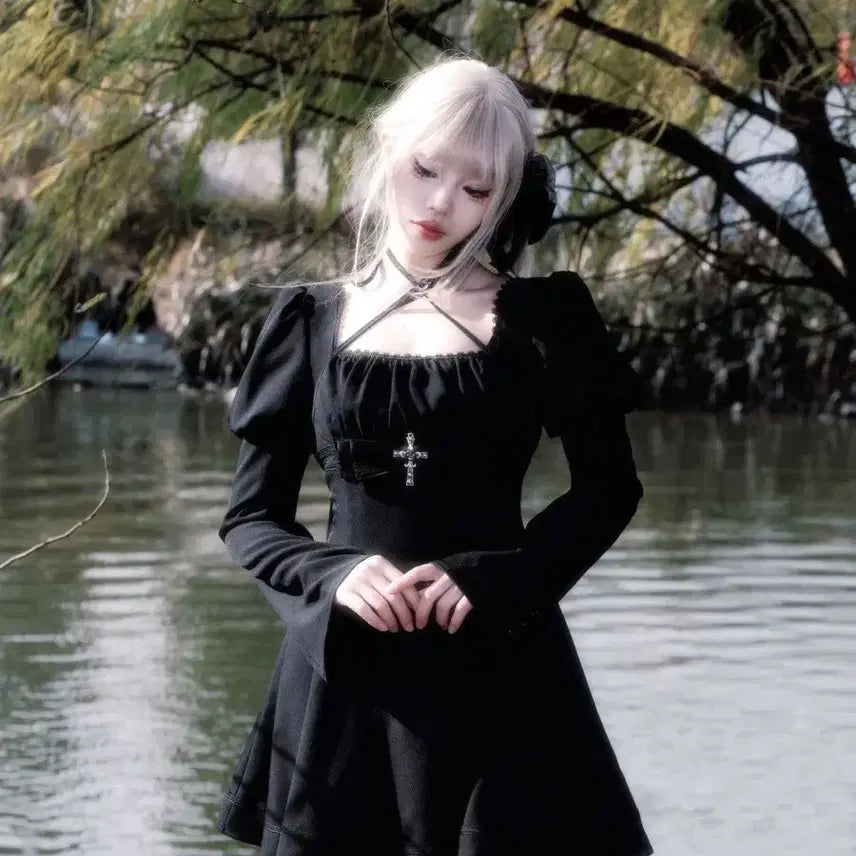 [BUNJANG] Gothic Cross Embellished Black Mini Dress / 고딕 서브컬처 십자가 장식 블랙 미니 원피스