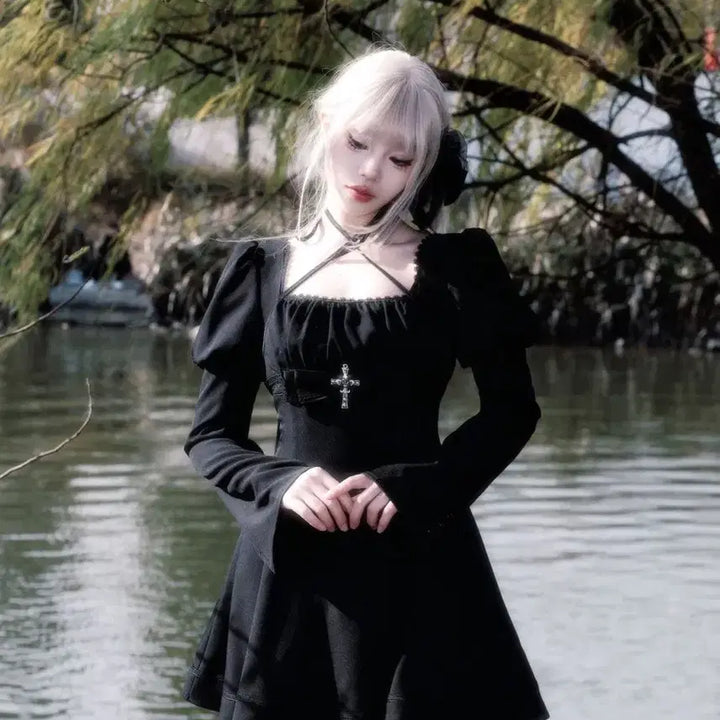 [BUNJANG] Gothic Cross Embellished Black Mini Dress / 고딕 서브컬처 십자가 장식 블랙 미니 원피스