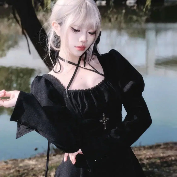 [BUNJANG] Gothic Cross Embellished Black Mini Dress / 고딕 서브컬처 십자가 장식 블랙 미니 원피스