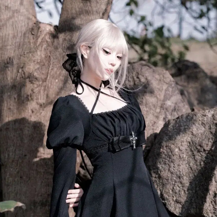 [BUNJANG] Gothic Cross Embellished Black Mini Dress / 고딕 서브컬처 십자가 장식 블랙 미니 원피스