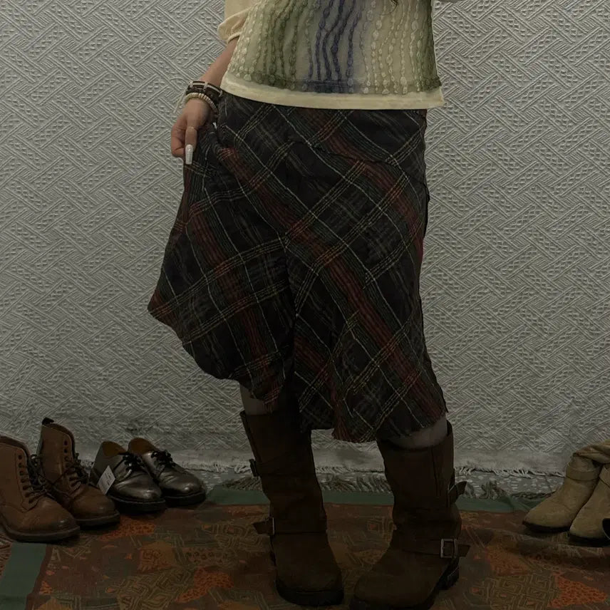 [BUNJANG] Vintage Bohemian Checkered Midi Skirt / 빈티지 컨트리 보헤미안 레트로 체크 언발 미디스커트 K0069