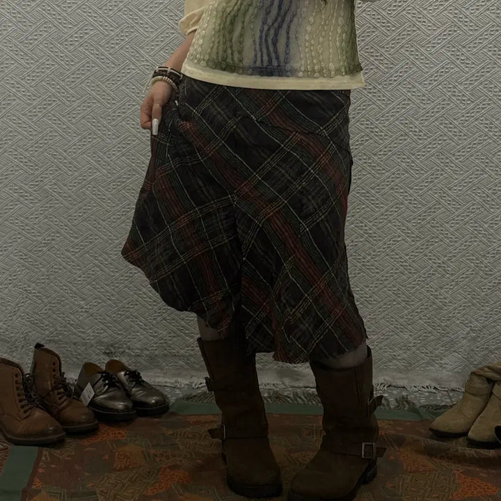 [BUNJANG] Vintage Bohemian Checkered Midi Skirt / 빈티지 컨트리 보헤미안 레트로 체크 언발 미디스커트 K0069