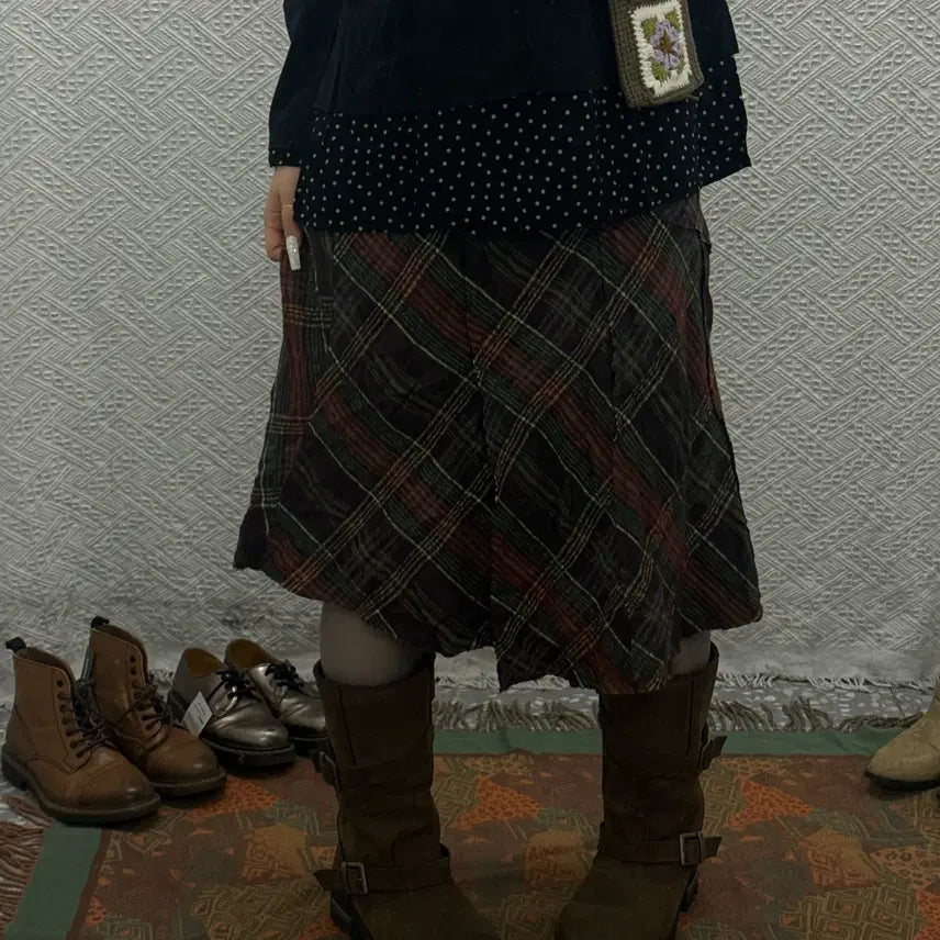 [BUNJANG] Vintage Bohemian Checkered Midi Skirt / 빈티지 컨트리 보헤미안 레트로 체크 언발 미디스커트 K0069