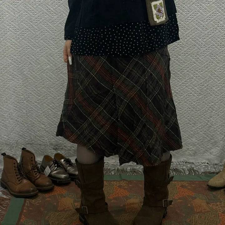 [BUNJANG] Vintage Bohemian Checkered Midi Skirt / 빈티지 컨트리 보헤미안 레트로 체크 언발 미디스커트 K0069
