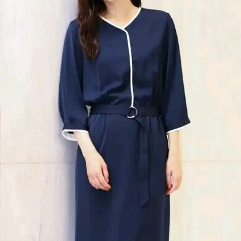 [BUNJANG] Navy Midi Dress with Belt / 벨트 세트 네이비 미디 원피스
