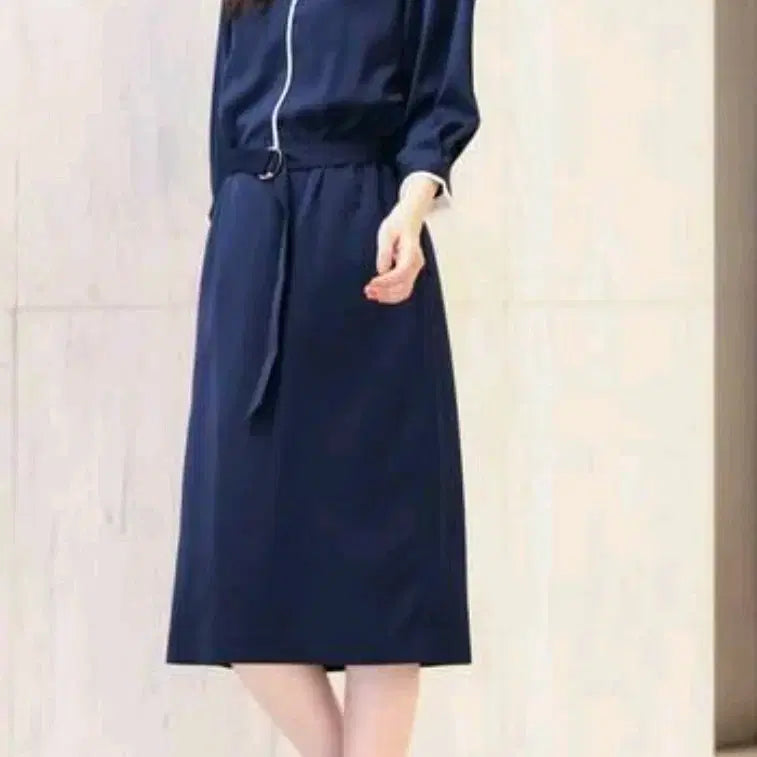 [BUNJANG] Navy Midi Dress with Belt / 벨트 세트 네이비 미디 원피스