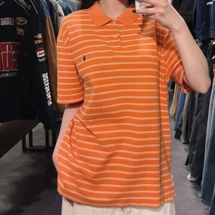 [BUNJANG] Polo Ralph Lauren Striped Short Sleeve Polo Shirt / [IM] 폴로랄프로렌 스트라이프 반팔 피케 셔츠 오렌지