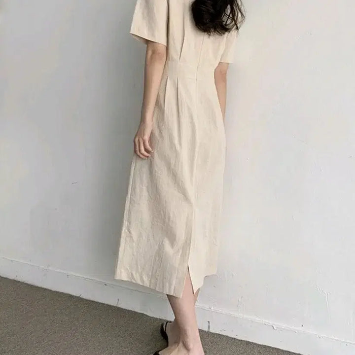 [BUNJANG] Ivory Square Neck Long Sleeve Dress / 아이보리 스퀘어넥 반팔 롱 원피스