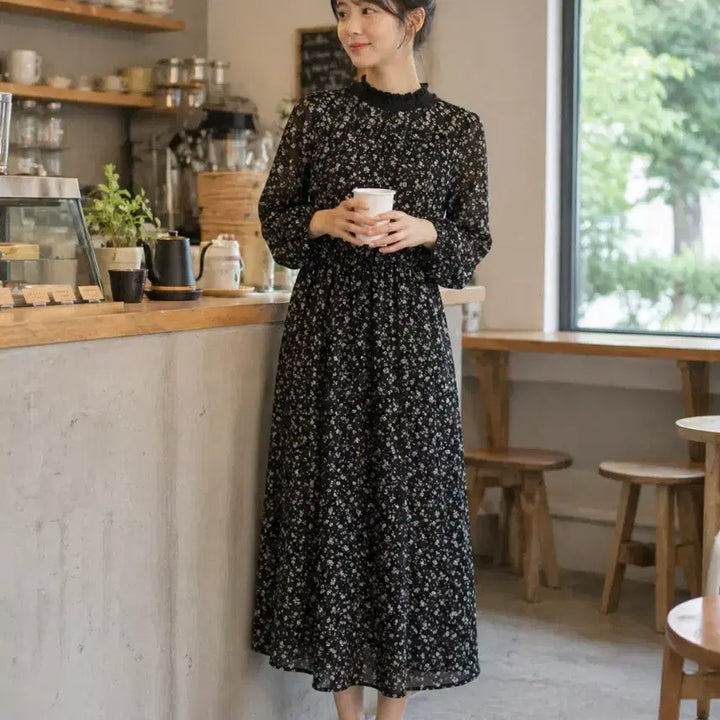 [BUNJANG] Black Floral Lace Neck Long Dress / L335 잔꽃 레이스 넥 롱 원피스 블랙