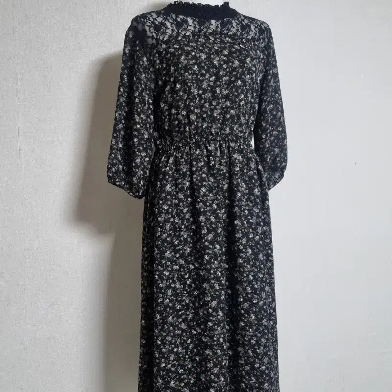 [BUNJANG] Black Floral Lace Neck Long Dress / L335 잔꽃 레이스 넥 롱 원피스 블랙