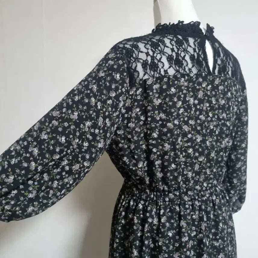[BUNJANG] Black Floral Lace Neck Long Dress / L335 잔꽃 레이스 넥 롱 원피스 블랙