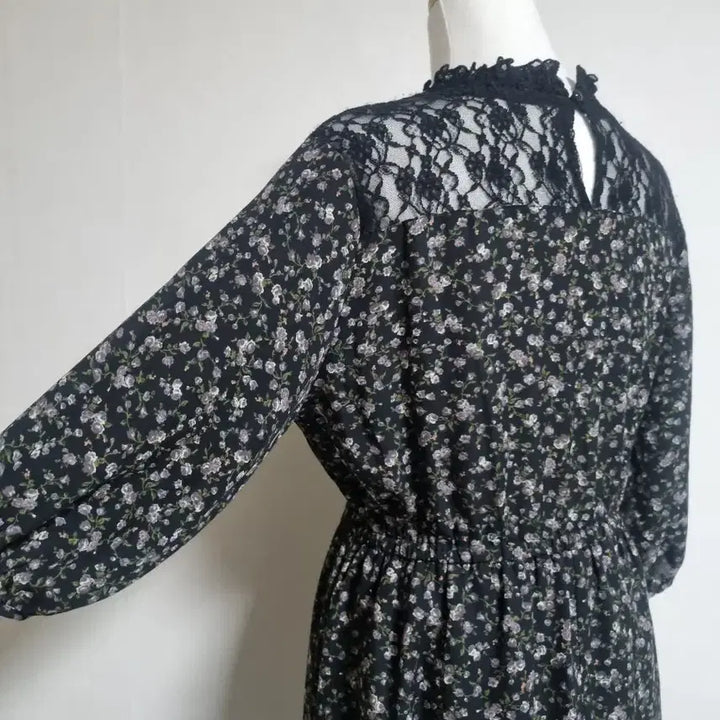 [BUNJANG] Black Floral Lace Neck Long Dress / L335 잔꽃 레이스 넥 롱 원피스 블랙