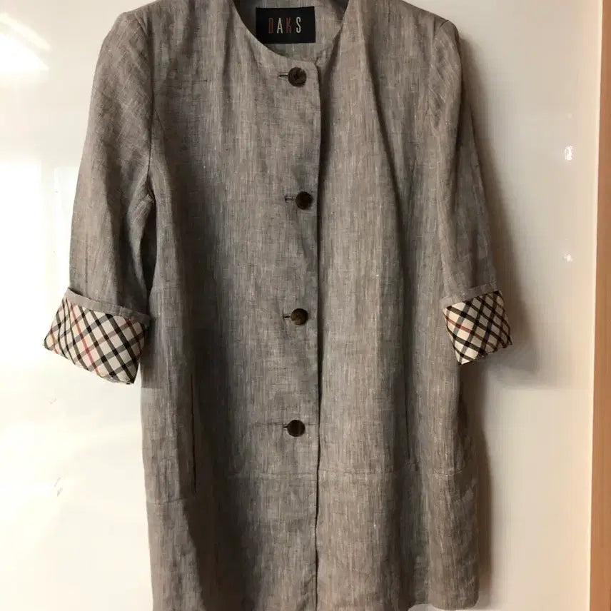 [BUNJANG] Daks Ladies Linen Cotton Jacket / 닥스 레이디스 린넨 코튼 자켓 체크 여자 여성 라운드 노카라 출근룩