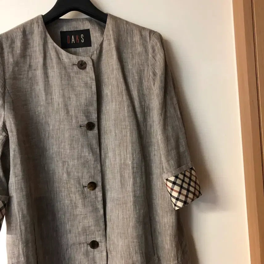 [BUNJANG] Daks Ladies Linen Cotton Jacket / 닥스 레이디스 린넨 코튼 자켓 체크 여자 여성 라운드 노카라 출근룩