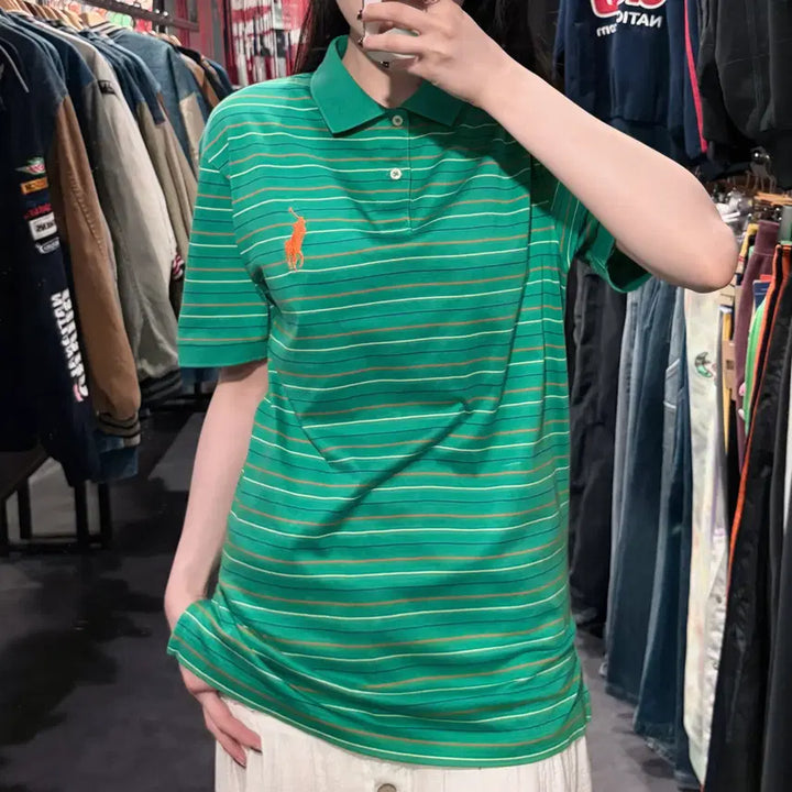 [BUNJANG] Polo Ralph Lauren Striped Short Sleeve Polo Shirt / [IM] 폴로랄프로렌 스트라이프 반팔 피케 셔츠 그린