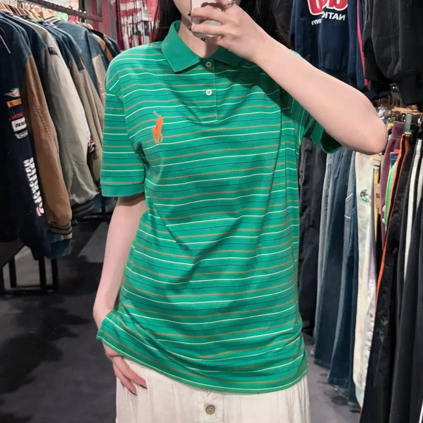 [BUNJANG] Polo Ralph Lauren Striped Short Sleeve Polo Shirt / [IM] 폴로랄프로렌 스트라이프 반팔 피케 셔츠 그린