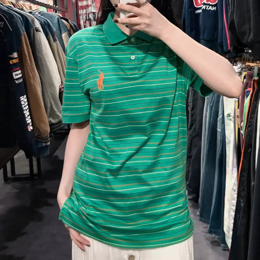 [BUNJANG] Polo Ralph Lauren Striped Short Sleeve Polo Shirt / [IM] 폴로랄프로렌 스트라이프 반팔 피케 셔츠 그린