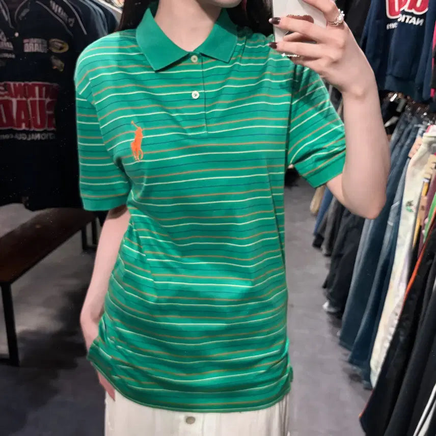 [BUNJANG] Polo Ralph Lauren Striped Short Sleeve Polo Shirt / [IM] 폴로랄프로렌 스트라이프 반팔 피케 셔츠 그린
