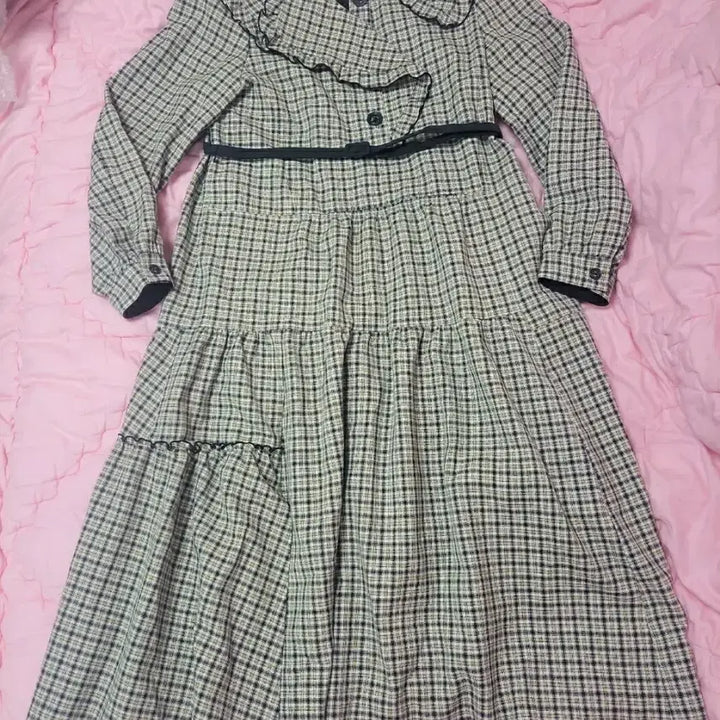 [BUNJANG] Renny Ron Sailor Collar Belted Check Long Dress / 급처상태좋음!레니본 세일러카라 벨트 체크 롱원피스 럭키슈에뜨st