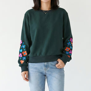 [BUNJANG] Lucky Chouette Floral Embroidered Blouse / 럭키슈에뜨 정품 소매 꽃자수 맨투맨 블라우스 카키 FREE