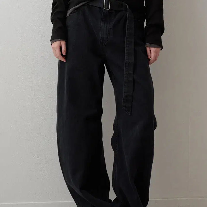 [BUNJANG] Facade Pattern Belted Round Denim Pants / 파사드패턴 벨티드 라운드 데님_vintage black