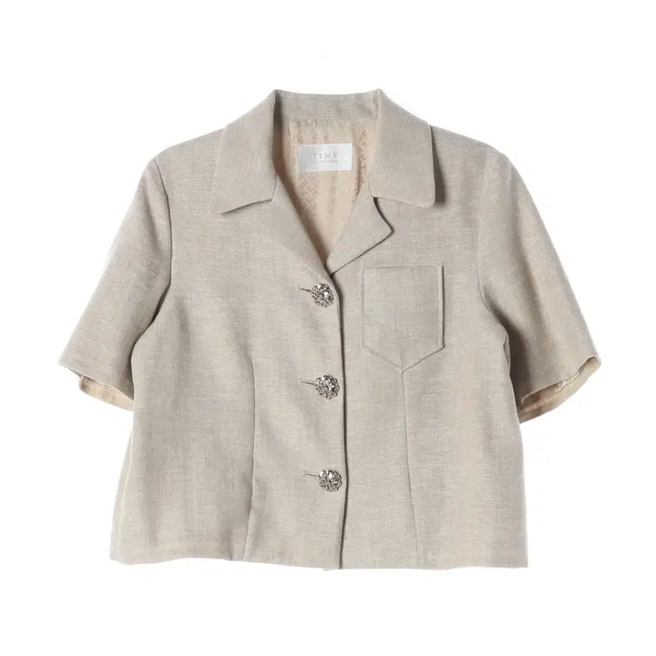 [SOLD OUT] 타임 21SS 린넨 블렌드 크롭 반팔 트위드 재킷 오트밀