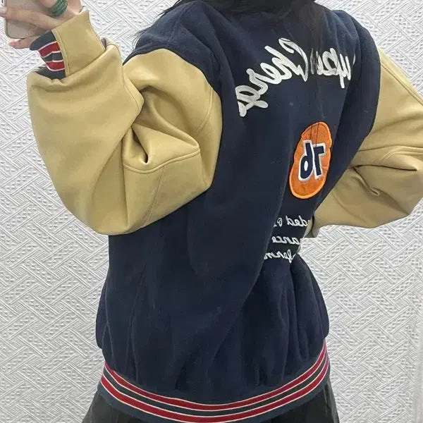 [BUNJANG] Vintage 76 Old School Retro Leather Varsity Jacket / 빈티지 76 올드스쿨 레트로 키치 레더 바시티 자켓 110 C10796