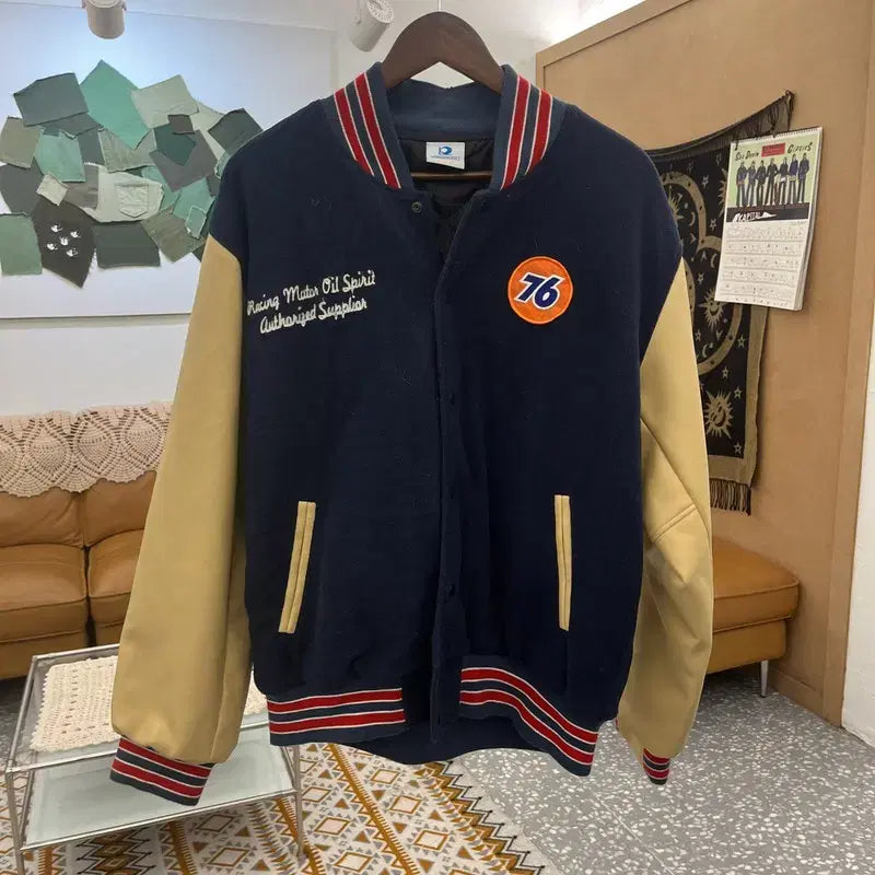 [BUNJANG] Vintage 76 Old School Retro Leather Varsity Jacket / 빈티지 76 올드스쿨 레트로 키치 레더 바시티 자켓 110 C10796
