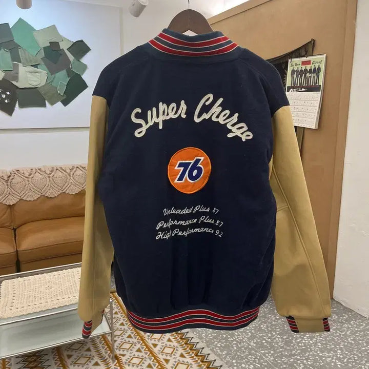 [BUNJANG] Vintage 76 Old School Retro Leather Varsity Jacket / 빈티지 76 올드스쿨 레트로 키치 레더 바시티 자켓 110 C10796